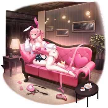 1girl 1other ace_(playing_card) ace_of_hearts animal animal_ears animal_on_lap anklet artist_request blunt_bangs bow bowtie breasts cake cake_slice candy candy_hair_ornament card cat cat_on_lap chipy cleavage collar couch cream cream_on_leg cup cushion detached_collar dice fake_animal_ears fishnets food food-themed_hair_ornament fruit game_asset hair_ornament hair_tie heart heart-shaped_bag heart-shaped_pillow heart_hair_ornament high_heels highres holding holding_candy holding_food holding_lollipop hoshimiya_kana hoshimiya_kana_(strawberry_daiquiri) indoors jewelry lamp large_breasts leotard lollipop long_hair looking_at_viewer lying non-web_source official_alternate_costume on_couch on_cushion on_lap on_side painting_(object) picture_frame pillow pink_anklet pink_bow pink_bowtie pink_eyes pink_hair pink_leotard pink_nails pink_ribbon pink_shoes plant plate playboy_bunny playing_card poker_fate potted_plant pumps rabbit_ears ribbon self-datamine shoes sideboob single_shoe solo_focus star-shaped_pillow star_ornament stiletto_heels strawberry strawberry_slice striped_bow striped_bowtie striped_clothes table tea teacup thigh_strap tongue tongue_out twintails unworn_shoes white_collar wooden_table