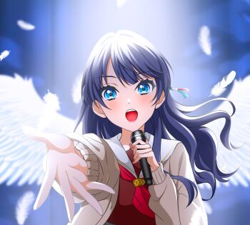Rule 34 | 1girl, :o, absurdres, blue background, blue eyes, blue hair, brown cardigan, brown dress, cardigan, commentary request, dress, feathered wings, foreshortening, hajimari no haneoto, hasu no sora school uniform, highres, holding, holding microphone, kujo awenn, link! like! love live!, long sleeves, looking at viewer, love live!, microphone, murano sayaka, music, neckerchief, open cardigan, open clothes, open mouth, outstretched arm, red neckerchief, sailor collar, sailor dress, school uniform, singing, solo, teeth, upper body, upper teeth only, virtual youtuber, white sailor collar, white wings, wings, winter uniform