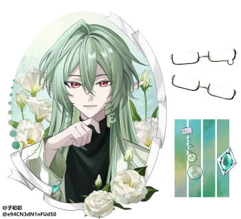 Rule 34 | 1boy, absurdres, aqua background, aqua gemstone, black-framed eyewear, black shirt, border, bud, buttoned cuffs, buttons, carnation, chinese commentary, commentary request, double-parted bangs, earrings, floating earrings, flower, gem, glasses, green hair, hair between eyes, hand up, highres, jacket, jewelry, kohatsu (pixiv 18000337), long hair, long sleeves, looking at viewer, lower teeth only, male focus, oval image, parted lips, pointy ears, portrait, red eyes, selien (welcome to dreamland), semi-rimless eyewear, shirt, simple background, sleeve cuffs, smile, solo, sphere earrings, straight-on, teardrop-framed glasses, teeth, turtleneck, turtleneck shirt, under-rim eyewear, unworn earring, unworn eyewear, welcome to dreamland, white background, white border, white flower, white jacket