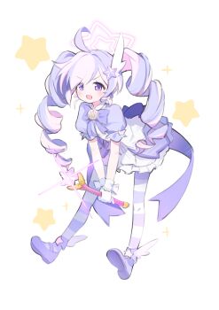 1girl absurdres ahoge blue_archive chiimanju commentary drill_hair earrings full_body gloves hair_ornament halo highres holding holding_wand jewelry long_hair mary_janes official_alternate_costume open_mouth pantyhose pink_hair pink_halo puffy_short_sleeves puffy_sleeves purple_eyes purple_hair purple_pantyhose purple_shoes reisa_(blue_archive) reisa_(magical)_(blue_archive) shoe_soles shoes short_sleeves solo star_(symbol) star_earrings star_hair_ornament star_halo striped_clothes striped_pantyhose twin_drills twintails wand white_background white_gloves wing_hair_ornament