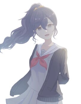 Rule 34 | 1girl, :d, arms behind back, asahina mafuyu, backlighting, black cardigan, cardigan, commentary request, dot nose, floating hair, grey serafuku, grey shirt, grey skirt, hair between eyes, hair ornament, hair scrunchie, high ponytail, highres, long hair, long sleeves, looking at viewer, miyamasuzaka girls' academy school uniform, neckerchief, omochi 01c2585, open cardigan, open clothes, open mouth, orange scrunchie, pleated skirt, ponytail, project sekai, purple eyes, purple hair, red neckerchief, sailor collar, school uniform, scrunchie, serafuku, shirt, sidelocks, simple background, skirt, smile, solo, upper body, white background, white sailor collar