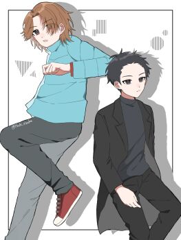 Rule 34 | 2boys, akiyama ren, animification, black coat, black eyes, black hair, black pants, blue jacket, brown hair, clenched hand, closed mouth, coat, commentary, eyes visible through hair, grey pants, hand up, highres, hoshi no shizuku, jacket, kamen rider, kamen rider ryuki (series), kido shinji, lapels, layered clothes, male focus, multiple boys, notched lapels, open clothes, open coat, open mouth, pants, short hair, sweater, turtleneck, turtleneck sweater, twitter username, white background