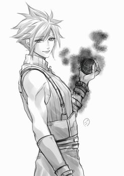 1boy bare_shoulders belt black_materia closed_mouth cloud_strife commentary_request cowboy_shot final_fantasy final_fantasy_vii final_fantasy_vii_rebirth final_fantasy_vii_remake from_side gloves gogochi55 highres holding looking_at_viewer male_focus multiple_belts ribbed_sweater short_hair signature simple_background sleeveless sleeveless_turtleneck solo spiked_hair suspenders sweater turtleneck turtleneck_sweater white_background