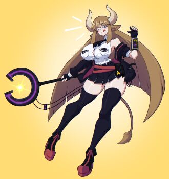 1girl :p @_@ absurdres animal_ears bare_shoulders black_boots black_gloves black_jacket black_necktie black_skirt black_thighhighs blue_eyes blush boots borrowed_character breasts brown_hair button_gap closed_mouth collared_shirt cow_ears cow_girl cow_horns cow_tail doce energy_weapon female_focus full_body gloves highres holding holding_staff horns jacket large_breasts long_hair looking_at_viewer miniskirt necktie notice_lines one_eye_closed original partially_fingerless_gloves shirt skindentation skirt smile solo staff tail thighhighs thighs tongue tongue_out white_shirt wink yellow_background