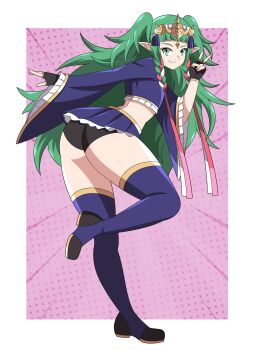 1girl absurdres abysswatchers adapted_costume alternate_costume ass black_gloves black_panties blue_skirt blue_thighhighs boots braid crop_top fingerless_gloves fire_emblem fire_emblem:_three_houses gloves green_eyes green_hair highres long_sleeves looking_at_viewer microskirt midriff motion_lines multicolored_boots multiple_hair_ribbons nintendo panties pink_background pointy_ears red_ribbon ribbon school_uniform skirt smile solo sothis_(fire_emblem) thigh_boots thighhighs thighs tiara two-tone_boots underwear v white_ribbon