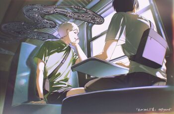Rule 34 | 2boys, bag, black bag, black hair, black pants, black shorts, body horror, commentary request, green shirt, highres, hikaru ga shinda natsu, indou hikaru, kaeru (qingwali), looking at viewer, male focus, multiple boys, pants, scar, scar on neck, shirt, short eyebrows, short hair, shorts, shoulder bag, sitting, train interior, tsujinaka yoshiki, twitter username, watch, white hair, white shirt, wristwatch