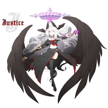 Rule 34 | 1girl, absurdres, black serafuku, black shoes, black skirt, black thighhighs, black wings, blue archive, bolt action, breasts, choker, commentary request, cosplay, feathered wings, garter straps, gun, halo, hasumi (blue archive), hasumi (blue archive) (cosplay), head wings, highres, hina (blue archive), holding, holding weapon, justice task force (blue archive), koflif, long hair, long sleeves, looking at viewer, m1917 enfield, midriff, multiple wings, neckerchief, oversized wings, pale skin, parted lips, pleated skirt, purple halo, red neckerchief, red trim, rifle, sailor collar, school uniform, serafuku, shirt overhang, shoes, simple background, skirt, small breasts, solo, standing, straight-on, thighhighs, very long hair, weapon, white background, white hair, white sailor collar, wings