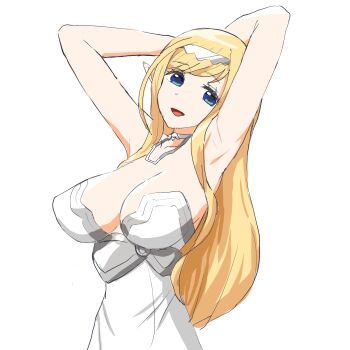 1girl annette_(isekai_shikkaku) armpits arms_behind_head blonde_hair blue_eyes breasts dress elf highres isekai_shikkaku large_breasts long_hair looking_at_viewer open_mouth pointy_ears smile solo tongue