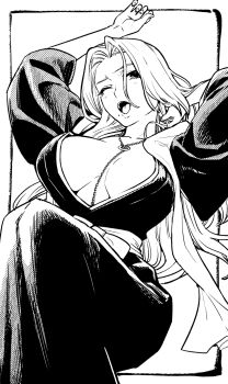 1girl arms_up bleach breasts cleavage commentary_request highres jewelry large_breasts long_hair matsumoto_rangiku mole mole_under_mouth monochrome necklace nigatsumikka one_eye_closed open_mouth plunging_neckline shihakusho solo