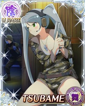 1boy 1girl border bra bra_peek breasts camouflage camouflage_jacket camouflage_shorts card_(medium) character_name cleavage closed_mouth dog_tags facing_to_the_side game_cg green_eyes grey_hair gun handgun jacket large_breasts long_hair official_art on_one_knee panties panty_peek peeking senran_kagura senran_kagura_new_wave shorts solo_focus swept_bangs taking_cover third-party_source trigger_discipline tsubame_(senran_kagura) twintails underwear very_long_hair weapon white_bra white_panties