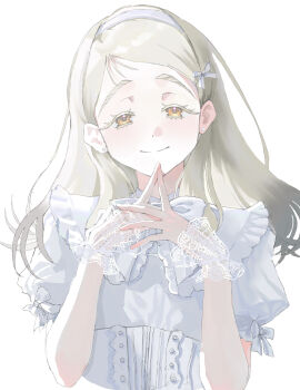 Rule 34 | 1girl, absurdres, blonde hair, closed mouth, collared dress, colored eyelashes, commentary request, corset, dress, earrings, frilled shirt collar, frills, gakuen idolmaster, hair ribbon, hairband, hands up, highres, idolmaster, jewelry, lace wrist cuffs, long hair, looking at viewer, meerkat savanna, orange eyes, own hands together, parted bangs, puffy short sleeves, puffy sleeves, ribbon, shinosawa hiro, short sleeves, simple background, smile, solo, stud earrings, upper body, white background, white corset, white dress, white hairband, white ribbon, white wrist cuffs, wrist cuffs
