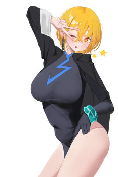 1girl absurdres arm_up black_bodysuit black_gloves black_hair black_shirt bodysuit breasts commentary_request covered_navel crossed_bangs don_quixote_(project_moon) ear_ornament earrings gloves hair_between_eyes highleg highres huge_breasts jewelry korean_commentary limbus_company long_sleeves one_eye_closed plump project_moon rockettuna shirt shirt_on_shoulders short_hair simple_background single_glove solo star-shaped_pupils star_(symbol) symbol-shaped_pupils v v_over_eye variant_set vest white_background yellow_eyes