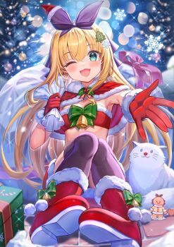 1girl :d akabane_(zebrasmise) armpits bell black_ribbon black_thighhighs blonde_hair blush boots bow bowtie breasts capelet cat christmas christmas_ornaments christmas_tree_hair_ornament cleavage commentary english_commentary footwear_bell full_body fur-trimmed_boots fur-trimmed_capelet fur-trimmed_gloves fur-trimmed_headwear fur_trim gift gingerbread_man gloves green_bow green_bowtie green_eyes hair_ornament hair_ribbon hat heart highres holding holding_sack holly mini_hat mini_santa_hat mononobe_alice nijisanji one_eye_closed open_mouth pom_pom_(clothes) red_boots red_capelet red_gloves red_ribbon ribbon sack santa_costume santa_hat sitting smile snowflake_hair_ornament snowflakes solo thighhighs underboob virtual_youtuber