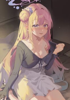 1girl :d absurdres alternate_costume black_dress black_ribbon blue_archive blunt_bangs blush breasts casual cleavage clothes_pull collarbone commentary cowboy_shot dress dress_pull dress_ribbon ear_blush eyelashes feathered_wings flower hair_bun hair_flower hair_intakes hair_ornament halo hand_up happy highres hyuji_0w0 indoors large_breasts long_hair long_sleeves looking_at_viewer low_wings mika_(blue_archive) no_bra nose_blush on_bed open_mouth pink_hair pink_halo pulling_own_clothes purple_flower ribbon short_dress shy sidelighting sidelocks single_side_bun sitting smile solo teeth tsurime two-tone_dress undressing upper_teeth_only very_long_hair white_dress white_wings wings yellow_eyes