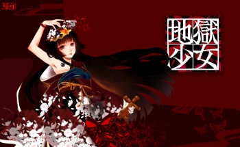 1girl absurdres bead_bracelet beads black_hair blunt_bangs blunt_ends bow bracelet brown_eyes chinese_commentary closed_mouth commentary_request copyright_name cowboy_shot doll enma_ai expressionless floating_hair floral_print folding_fan hand_fan highres hime_cut holding holding_doll holding_fan japanese_clothes jewelry jigoku_shoujo kimono lipstick long_hair long_sleeves looking_at_viewer makeup muriel_miaoke nostrils painttool_sai_(medium) pink_lips print_kimono red_background red_bow red_kimono shoulder_tattoo single_bare_shoulder solo straight_hair straw_doll tattoo very_long_hair wide_sleeves yukata