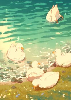 afloat animal animal_focus artist_name beak bird blue_flower closed_eyes commentary day duck english_commentary feathers flower grass highres jauni_(tofublock) no_humans original rock shadow sparkle water white_flower