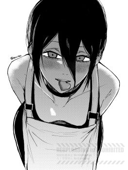 1girl apron blush candy chainsaw_man chocolate chocolate_heart choker commentary_request food greyscale hair_between_eyes heart heart-shaped_food highres leaning_forward looking_at_viewer madaosw medium_hair monochrome mouth_hold reze_(chainsaw_man) solo tank_top teeth_hold twitter_username