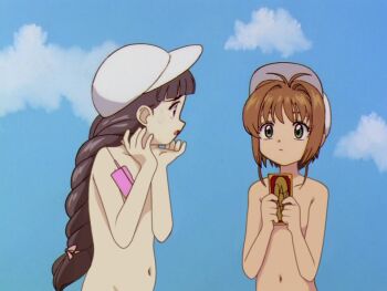 2girls anime_screenshot baseball_cap black_hair braid brown_hair card cardcaptor_sakura cloud clow_card collarbone daidouji_tomoyo flat_chest green_eyes hat holding holding_card kinomoto_sakura loli long_hair looking_at_another multiple_girls navel nude nude_filter open_mouth phone short_hair single_braid sky standing sweatdrop third-party_edit upper_body white_hat