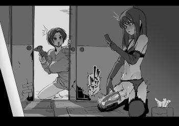 ... 1boy 1girl artificial_vagina blush bra breasts brother_and_sister commentary_request controller elbow_gloves garter_belt garter_straps gloves greyscale highres holding holding_controller indoors kneeling long_hair looking_at_another male_focus male_masturbation masturbation monochrome navel open_mouth original penis playstation_controller sashizume_soutarou sex_toy short_hair siblings sliding_doors sweat testicles thighhighs tissue_box trap underwear walk-in