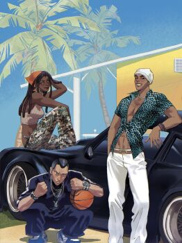 1girl 2boys absurdres animal_print basket black_hair blue_shirt brown_hair camouflage camouflage_pants car chain clenched_hands crop_top dark-skinned_female dark-skinned_male dark_skin diamond_wa_kudakenai durag ermes_costello gold_chain grin guido_mista h_ikusaa hat highres house jojo_no_kimyou_na_bouken long_hair looking_at_viewer motor_vehicle multiple_boys nijimura_okuyasu outdoors palm_tree pants partially_unbuttoned pompadour shirt shoes short_sleeves smile sneakers squatting stone_ocean tree white_pants