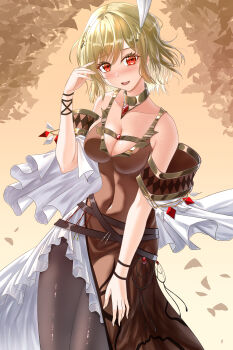 Rule 34 | 1girl, absurdres, bare shoulders, blonde hair, breasts, brown dress, citrinne (fire emblem), cleavage, dress, fire emblem, fire emblem engage, gold choker, gold trim, hair ornament, highres, leather wrist straps, looking at viewer, nintendo, red eyes, solo, wade (njud8343), wing hair ornament