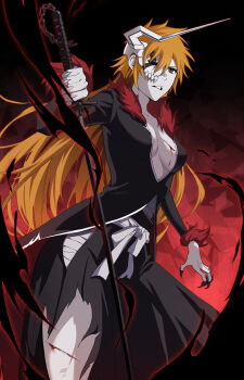 1girl bandaged_leg bandages black_background black_nails bleach blood breasts broken_mask commentary_request cuts genderswap genderswap_(mtf) highres holding holding_sword holding_weapon hollow_mask injury konetaa kurosaki_ichigo long_hair mask medium_breasts orange_hair shihakusho simple_background sword torn_clothes weapon