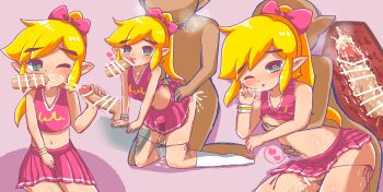 3boys :o absurdres alternate_costume anal bar_censor bare_shoulders blonde_hair blush bow breath bulge censored cheerleader cheerleader_link clothed_sex clothes_lift collarbone crop_top cross-section crossdressing crossdressing_(mtf) cum cum_in_ass cum_in_mouth cum_on_body disembodied_penis doggystyle ear_blush ejaculation erection erection_under_clothes eyebrows faceless faceless_male facial fellatio green_eyes hair_bow handjob heart heart-shaped_pupils high_ponytail highres internal_cumshot kneeling link male_focus male_penetrated multiple_boys nana_(papapaimon) navel nintendo nipple_stimulation nipple_tweak nipples official_alternate_costume one_eye_closed oral panties panty_pull penis pink_bow pink_skirt pleated_skirt pointy_ears ponytail projectile_cum sequential sex sex_from_behind shiny_skin shirt_lift shota sidelocks sitting skirt sleeveless string_panties symbol-shaped_pupils tearing_up the_legend_of_zelda the_legend_of_zelda:_tri_force_heroes toon_link trap underwear v-neck wristband yaoi