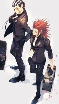 2boys adjusting_clothes adjusting_necktie axel_(kingdom_hearts) black_gloves black_hair black_jacket black_pants black_shirt black_shoes collared_shirt dress_shoes eyepatch facial_mark facial_scar falling_petals from_above full_body gloves grey_background hair_slicked_back hand_in_pocket highres holding holding_suitcase jacket kingdom_hearts kingdom_hearts_ii long_hair male_focus multicolored_hair multiple_boys necktie pants petals pointy_ears ponytail red_hair red_petals scar scar_on_cheek scar_on_face shirt shoes sideburns sleeves_rolled_up srum_su28 streaked_hair suit_jacket suitcase white_hair white_necktie xigbar