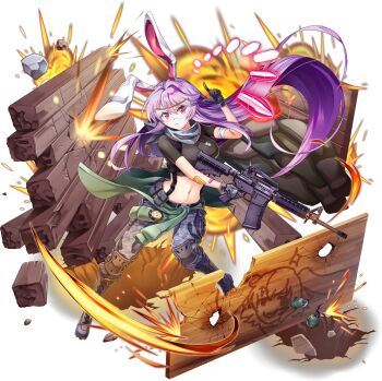 1girl :< alternate_costume ammunition_pouch animal_ears animal_print assault_rifle bandaid bandaid_on_arm bandana bandana_around_neck belt belt_pouch bespectacled black_belt black_gloves black_shirt boots breasts brick_wall broken_wall bullet bullet_hole camouflage camouflage_pants character_print closed_mouth clothes_around_waist colt_commando combat_boots crack danmaku dog_tags explosive finger_gun floating_hair full_body game_cg glasses gloves grenade grey_bandana grey_boots grey_pants gun highres holding holding_gun holding_weapon hole inaba_tewi jacket jacket_around_waist knee_pads lace-up_boots long_hair looking_at_viewer m4_carbine midriff navel official_art pants pants_tucked_in pouch purple_hair rabbit_ears rabbit_girl rabbit_print red_eyes reisen_udongein_inaba reisen_udongein_inaba_(rabbit_soldier) rifle rock rotte_(1109) safety_glasses shirt short_sleeves solo third-party_source touhou touhou_lostword transparent_background trigger_discipline under_fire urban_camouflage very_long_hair weapon