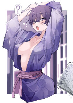 1girl ? arms_up border breasts commentary_request cropped_legs daikokutei_bunko floral_print floral_print_kimono highres japanese_clothes kimono large_breasts newspaper open_mouth outside_border print_kimono purple_eyes purple_hair purple_kimono purple_sash sash shisho_fox sleepy solo spoken_question_mark stretching tearing_up teeth uchi_no_shisho_wa_shippo_ga_nai upper_teeth_only white_border yawning