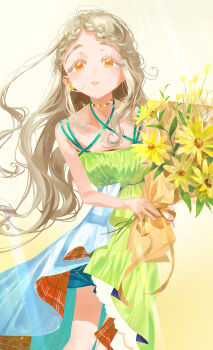 Rule 34 | 1girl, absurdres, bare shoulders, blush, bouquet, braid, dress, flat chest, floating hair, flower, gakuen idolmaster, grey hair, highres, holding, holding bouquet, idolmaster, long hair, looking at viewer, orange eyes, parted lips, shinosawa hiro, solo, superhoikoro