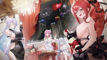 4girls :d aerial_fireworks alcohol alternate_costume black_dress blue_eyes bottle breasts bug building butterfly cake chandelier cinderella_(nikke) city city_lights colored_eyelashes doro_(nikke) dorothy_(nikke) dress fireworks food goddess_of_victory:_nikke grey_hair hair_bun hashtag-only_commentary highres holding holding_bottle insect iri/yin_lang large_breasts meme multiple_girls nayuta_(nikke) night official_alternate_eye_color open_mouth pink_hair print_dress purple_eyes rapi_(nikke) rapi_(red_hood)_(nikke) sideboob sky skyscraper smile teeth thick_eyelashes upper_teeth_only wine wine_bottle