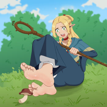 1girl ambrosia_(dungeon_meshi) ass baggy_pants barefoot blonde_hair blue_capelet blue_dress braid capelet choker clenched_hand collarbone day dress dungeon_meshi elf eyelashes feet female_focus foot_focus forehead full_body grass green_eyes hands_up highres holding holding_staff knees_up long_dress long_hair long_sleeves looking_down marcille_donato nature open_mouth outdoors pants parted_bangs pointy_ears qin223 red_choker side_braids sidelocks sitting sky soles staff tight_clothes toes toes_up topknot variant_set walking_mushroom_(dungeon_meshi) wide_sleeves worried