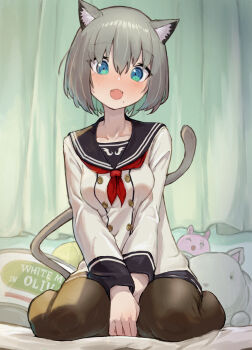 1girl animal_ear_fluff animal_ears between_legs black_pantyhose black_sailor_collar blue_eyes blush bouhuman breasts cat_ears cat_girl cat_tail collarbone commentary_request commission curtains english_text fangs grey_hair hair_between_eyes hand_between_legs highres indoors long_sleeves looking_at_viewer mole mole_under_eye mole_under_mouth neckerchief on_bed open_mouth original pantyhose red_neckerchief sailor_collar school_uniform serafuku shirt shoes sitting skeb_commission small_breasts solo stuffed_animal stuffed_toy tail white_shirt