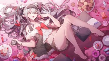 1girl artist_request barefoot cake candy character_request fangs food grey_hair lying navel on_back pointy_ears punishing:_gray_raven solo