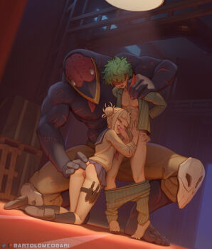 1girl 2boys abs anal_fingering bartolomeobari blindfold blonde_hair boku_no_hero_academia clothes_lift clothes_pull double_bun erection fellatio fingering full_body green_hair group_sex hair_bun midoriya_izuku mmf_threesome monster_boy multiple_boys no_panties noumu_(boku_no_hero_academia) open_clothes oral pajamas pants pants_pull penis sailor_collar school_uniform skirt skirt_lift threesome toga_himiko uncensored