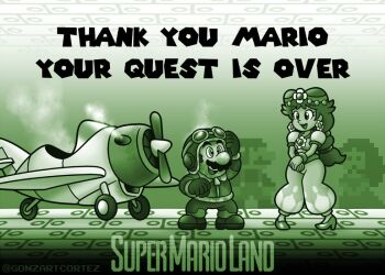 Rule 34 | 1boy, 1girl, earrings, english text, eyelashes, facial hair, goggles, goggles on head, gonzartcortez, gradient background, green theme, hat, jewelry, mario, mario (aviator), mario (series), mario kart, mario kart world, monochrome, mustache, nintendo, open mouth, own hands together, parody, pixel art, princess daisy, princess daisy (oasis), smile, standing, style parody, super mario land