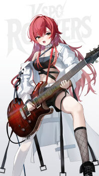 Rule 34 | 1girl, absurdres, asymmetrical legwear, belt, black boots, black shorts, black socks, boots, breasts, cleavage, earphones, fang, fishnets, guitar, highres, holding, holding guitar, holding instrument, instrument, jacket, kneehighs, long hair, long sleeves, looking at viewer, mismatched legwear, mixed-language commentary, muchi2p, music, nekota tsuna, open clothes, open jacket, open mouth, orange eyes, playing guitar, playing instrument, red hair, red nails, shorts, single bare shoulder, single off shoulder, skindentation, socks, solo, standing, stomach, thigh strap, thighhighs, uneven legwear, virtual youtuber, vspo!, white belt, white jacket, white thighhighs