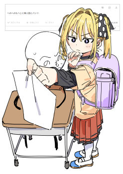 Rule 34 | 1girl, absurdres, backpack, bag, blonde hair, chair, flying sweatdrops, full body, hair between eyes, hair ribbon, haruyuki (gffewuoutgblubh), henohenomoheji, highres, long sleeves, original, randoseru, ribbon, shirt, shoes, skirt, solo, twintails