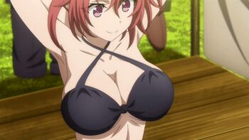 1girl animated animated_gif armpits bikini black_bikini bouncing_breasts breasts cleavage cow_girl_(goblin_slayer!) goblin_slayer! large_breasts liden_films red_eyes red_hair screencap swimsuit