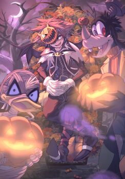 3boys bat_wings blue_eyes brown_hair candy commentary_request crescent_moon crossed_legs dog_boy donald_duck duck_boy fangs food food-themed_hair_ornament furry gloves goofy hair_ornament halloween halloween_costume highres holding holding_food holding_pumpkin holding_vegetable jack-o&#039;-lantern kingdom_hearts long_sleeves looking_at_viewer mickey_mouse_&amp;_friends moon multiple_boys mummy one_eye_covered open_mouth pumpkin pumpkin_hair_ornament red_eyes short_hair sora_(halloween_town)_(kingdom_hearts) sora_(kingdom_hearts) spiked_hair standing twilight_yuuhi vegetable white_gloves wings