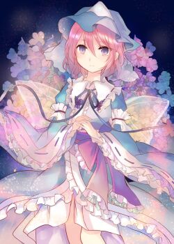 1girl blue_hat blue_kimono blue_ribbon closed_mouth commentary_request flower frilled_kimono frills hat japanese_clothes kazu_(muchuukai) kimono long_sleeves looking_at_viewer medium_hair mob_cap neck_ribbon own_hands_together pink_eyes pink_hair ribbon ribbon-trimmed_collar ribbon-trimmed_sleeves ribbon_trim saigyouji_yuyuko sleeve_garter smile solo touhou triangular_headpiece wide_sleeves
