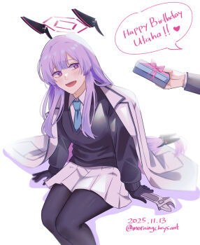 1boy 1girl :d adjustable_wrench black_gloves black_pantyhose black_sweater blue_archive blue_necktie coat collared_shirt commentary_request dated floating_headgear gift gloves halo headgear highres holding holding_gift holding_wrench lab_coat long_hair miniskirt necktie open_clothes open_coat open_mouth out_of_frame pantyhose pleated_skirt purple_eyes purple_hair purple_halo ricotta_(rikoda) shirt simple_background sitting skirt smile solo_focus sweater twitter_username utaha_(blue_archive) very_long_hair white_background white_coat white_shirt white_skirt wrench