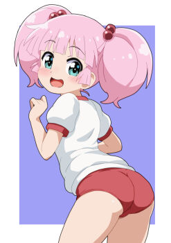1girl ass blush buruma dot_nose feet_out_of_frame female_focus gym_uniform hair_bobbles hair_ornament johnko_ legs looking_at_viewer open_mouth pink_hair red_buruma shirt short_hair short_sleeves solo standing t-shirt thick_thighs thighs white_shirt yoshikawa_chinatsu yuruyuri