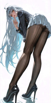 1girl ahoge ass back-seamed_legwear black_jacket black_pantyhose black_shoes breasts commentary_request from_behind full_body grey_background hair_ornament hand_up high_heels highres jacket large_breasts long_hair long_sleeves looking_at_viewer looking_back official_alternate_costume pantyhose parted_lips patent_heels pumps reflection reflective_liquid seamed_legwear shoes skirt solo stiletto_heels very_long_hair white_skirt wo_jiushi_kanbudong yellow_eyes yixuan_(trails_of_ink)_(zenless_zone_zero) yixuan_(zenless_zone_zero) zenless_zone_zero