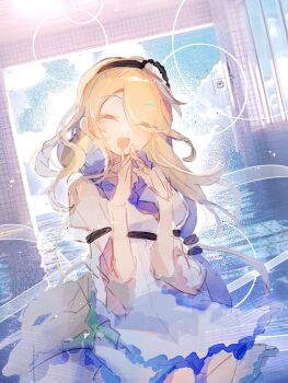 1girl :d blonde_hair blue_sky blush clam_shell_ornament closed_eyes cloud commentary dress frills hands_up highres long_hair low_ponytail open_mouth ponytail short_sleeves sitting sky smile solo sunlight touhou very_long_hair watari_nina water white_dress yinco