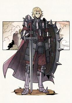 armor black_armor blonde_hair blue_eyes breastplate cape closed_mouth cuirass curtained_hair faulds full_body gauntlets greatsword greaves herheim highres holding holding_sword holding_weapon knight nigel_(unicorn_overlord) parted_bangs pauldrons plate_armor red_cape rerebrace short_hair shoulder_armor signature sword tachi-e unicorn_overlord weapon white_background