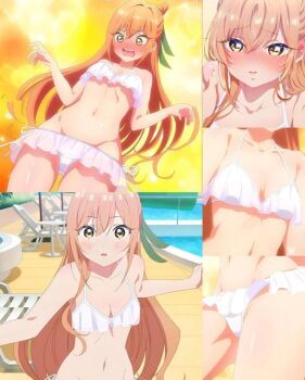 1girl anime_screenshot bare_shoulders bikini blush breasts brown_eyes brown_hair cleavage collarbone dot_nose embarrassed female_focus highres inda_karane kimi_no_koto_ga_dai_dai_dai_dai_daisuki_na_100-nin_no_kanojo legs long_hair looking_at_viewer looking_down midriff navel open_mouth outdoors pool poolside see-through_bikini see-through_clothes sexually_suggestive side-tie_bikini_bottom small_breasts solo solo_focus stitched stomach swimsuit teeth thighs third-party_edit very_long_hair white_bikini