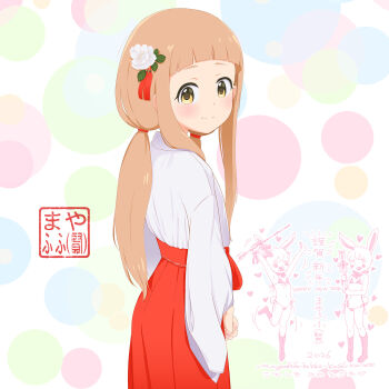 2026 3girls bikini blush brown_eyes brown_hair closed_mouth commentary_request flower front-tie_bikini_top front-tie_top hair_flower hair_ornament hakama hakama_skirt happy_new_year heart highres ichihara_nina idolmaster idolmaster_cinderella_girls idolmaster_cinderella_girls_u149 japanese_clothes kimono long_hair looking_at_viewer looking_to_the_side low_twintails mayafufu miko multiple_girls new_year red_hakama side-tie_bikini_bottom skirt smile solo_focus swimsuit translation_request twintails very_long_hair white_flower white_kimono