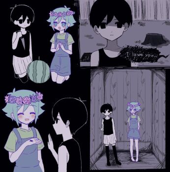 2boys barefoot basil_(headspace)_(omori) basil_(omori) black_eyes black_hair black_tank_top black_thighhighs blue_overalls blush bug closed_eyes closed_mouth collarbone colored_skin double-parted_bangs english_text expressionless food fruit green_shirt highres holding holding_knife index_finger_raised knife looking_at_another male_focus multiple_boys omori omori_(omori) open_mouth overall_shorts overalls scene_reference shirt short_hair short_sleeves shorts smile speech_bubble spider spoilers striped_clothes striped_shorts t-shirt tank_top thighhighs tree_stump true_erg vertical-striped_clothes vertical-striped_shorts watermelon white_shorts white_skin